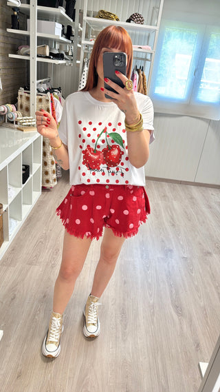 Short en jeans pois rose/rouge