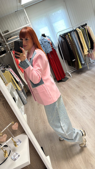 Blazer bi-matière rose et denim