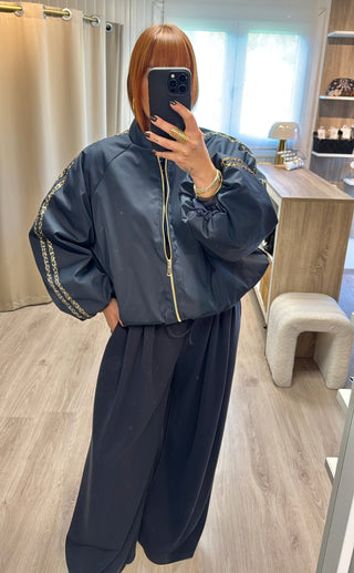 Veste/bomber bleu marine bandes léopard