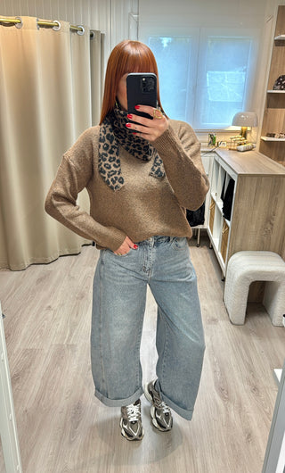 Pull et écharpe léopard choco/camel