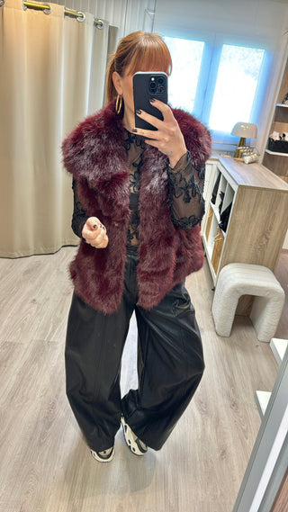 Veste fourrure sans manches bordeaux