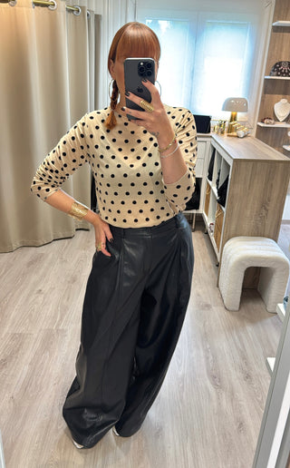 Blouse tulle beige à pois noirs
