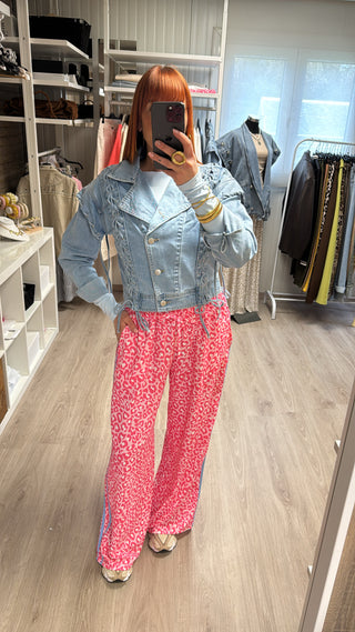Pantalon/jogging léopard rose bandes bleues