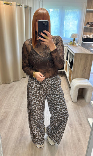 Blouse tulle fleurs velours et sequins marron