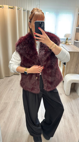 Veste fourrure sans manches bordeaux