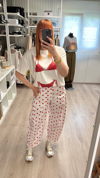 Précommande Pantalon barrel à pois rouge