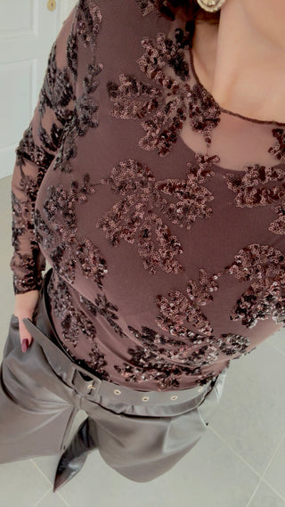 Top manches longues sequins marron
