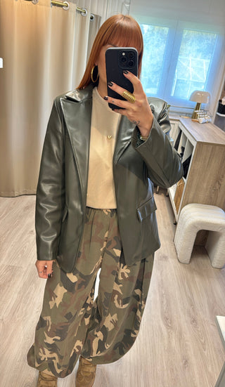 Blazer asymétrique similicuir kaki