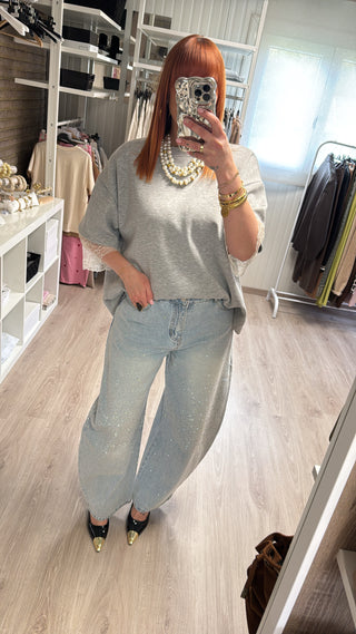T-shirt/sweat dentelle gris