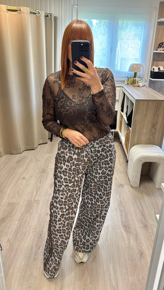 Blouse tulle fleurs velours et sequins marron