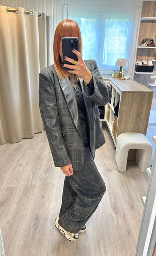 Blazer à carreaux col effet cuir