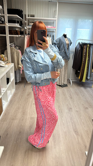Pantalon/jogging léopard rose bandes bleues