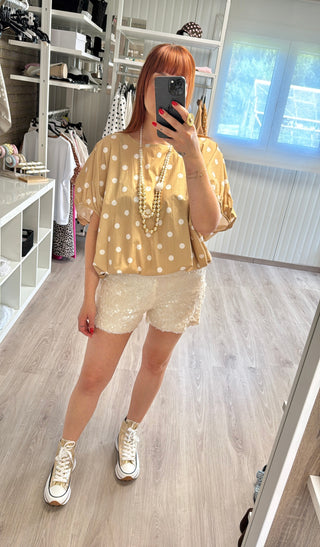 Blouse à pois beige/blanc