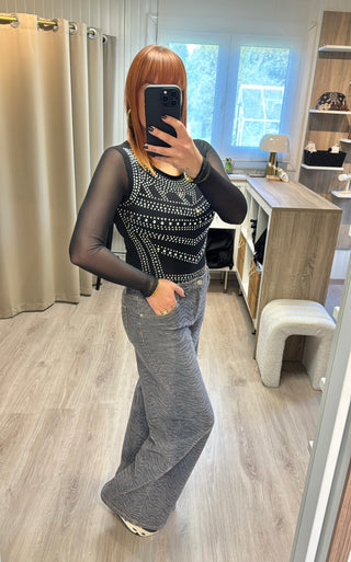 Body noir manches tulle à strass/clous