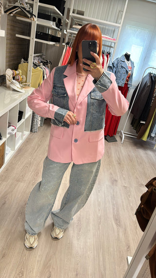 Blazer bi-matière rose et denim