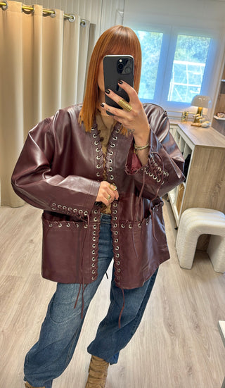 Veste similicuir à lacets lie de vin