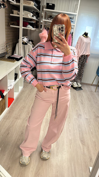 Pull polo rose ligné