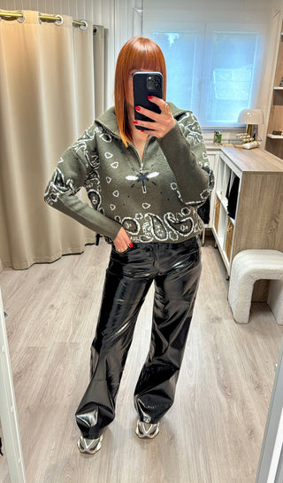 Pull bandana kaki à col zippé