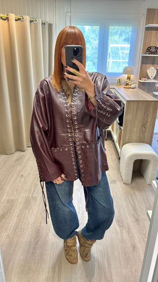 Veste similicuir à lacets lie de vin