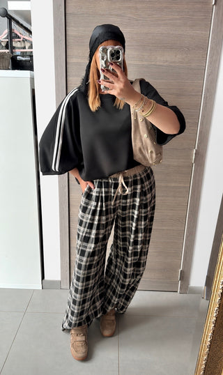 Sweat oversize noir à bandes gris/beige