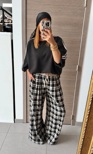 Sweat oversize noir à bandes gris/beige