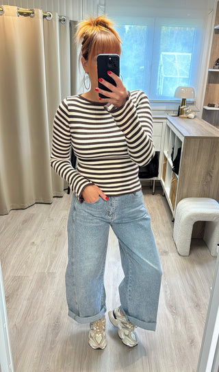 Pull chaussette ligné marron et beige
