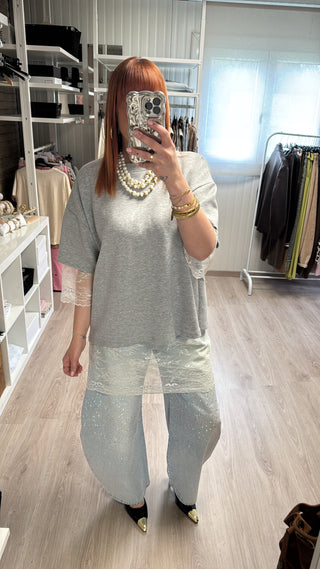T-shirt/sweat dentelle gris