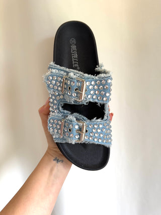 Mules denim et strass
