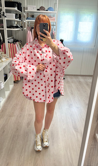 Précommande Chemise oversize rose à pois rouges