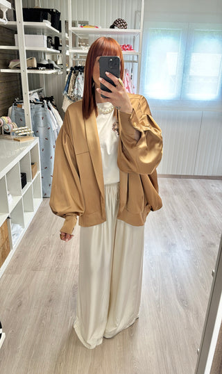 Pantalon fluide écru/champagne effet perle