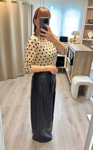 Blouse tulle beige à pois noirs