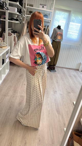 Pantalon palazzo à pois écru/beige