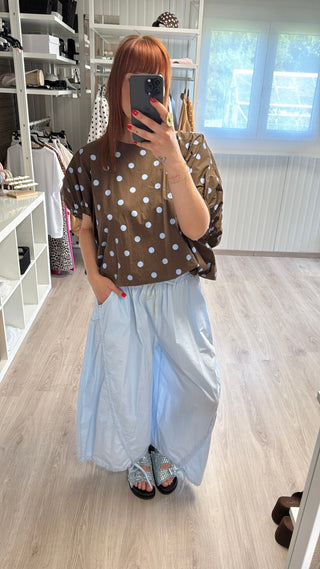 Blouse à pois marron/bleu