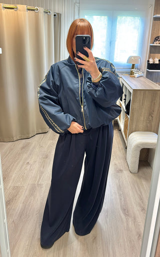 Veste/bomber bleu marine bandes léopard