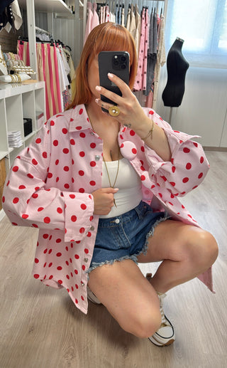 Précommande Chemise oversize rose à pois rouges