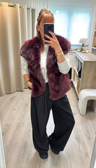 Veste fourrure sans manches bordeaux