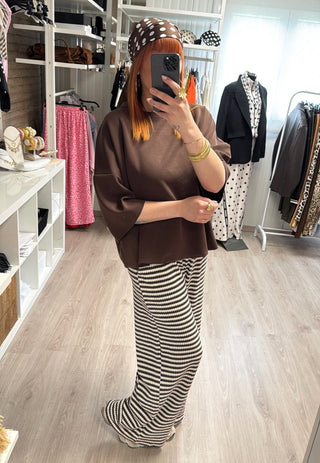 Pantalon texturé écru & marron