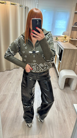 Pull bandana kaki à col zippé