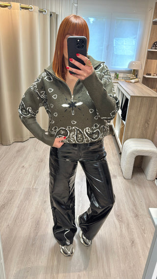 Pull bandana kaki à col zippé