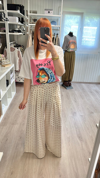 Pantalon palazzo à pois écru/beige