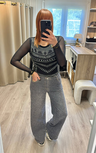 Body noir manches tulle à strass/clous