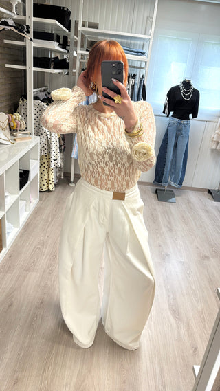 Blouse dentelle fleur beige
