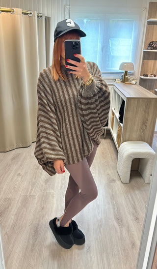 Pull oversize ligné marron/taupe