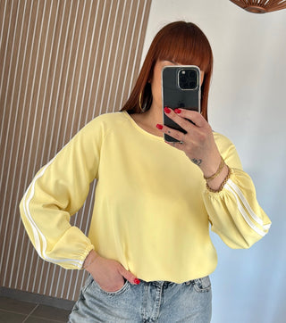 Blouse jaune lignes blanches