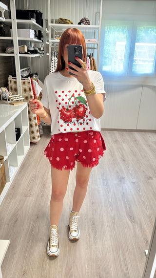 Short en jeans pois rose/rouge