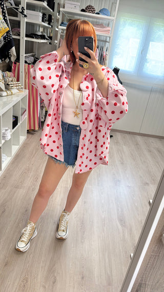 Précommande Chemise oversize rose à pois rouges