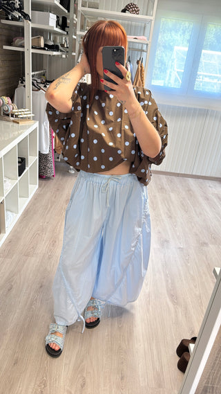 Blouse à pois marron/bleu