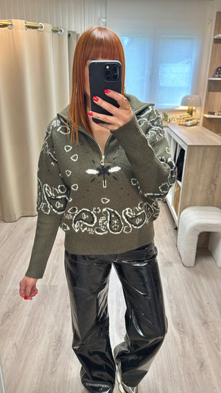 Pull bandana kaki à col zippé