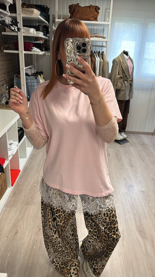 T-shirt manches dentelle rose