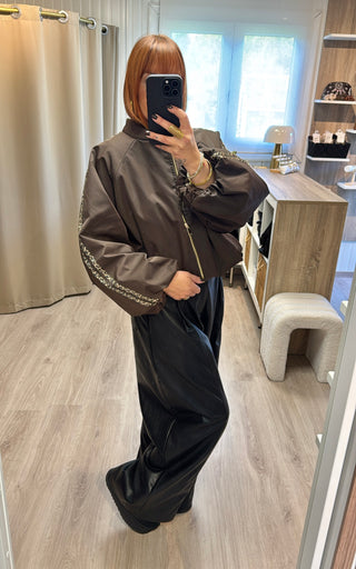 Veste/bomber marron bandes léopard